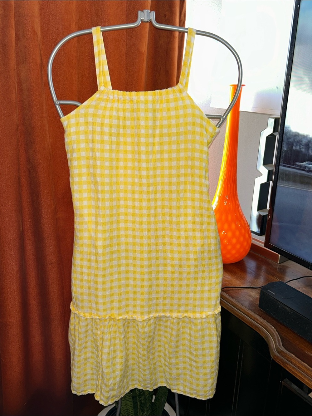 Yellow Gingham Spaghetti-Strap Summer Dress